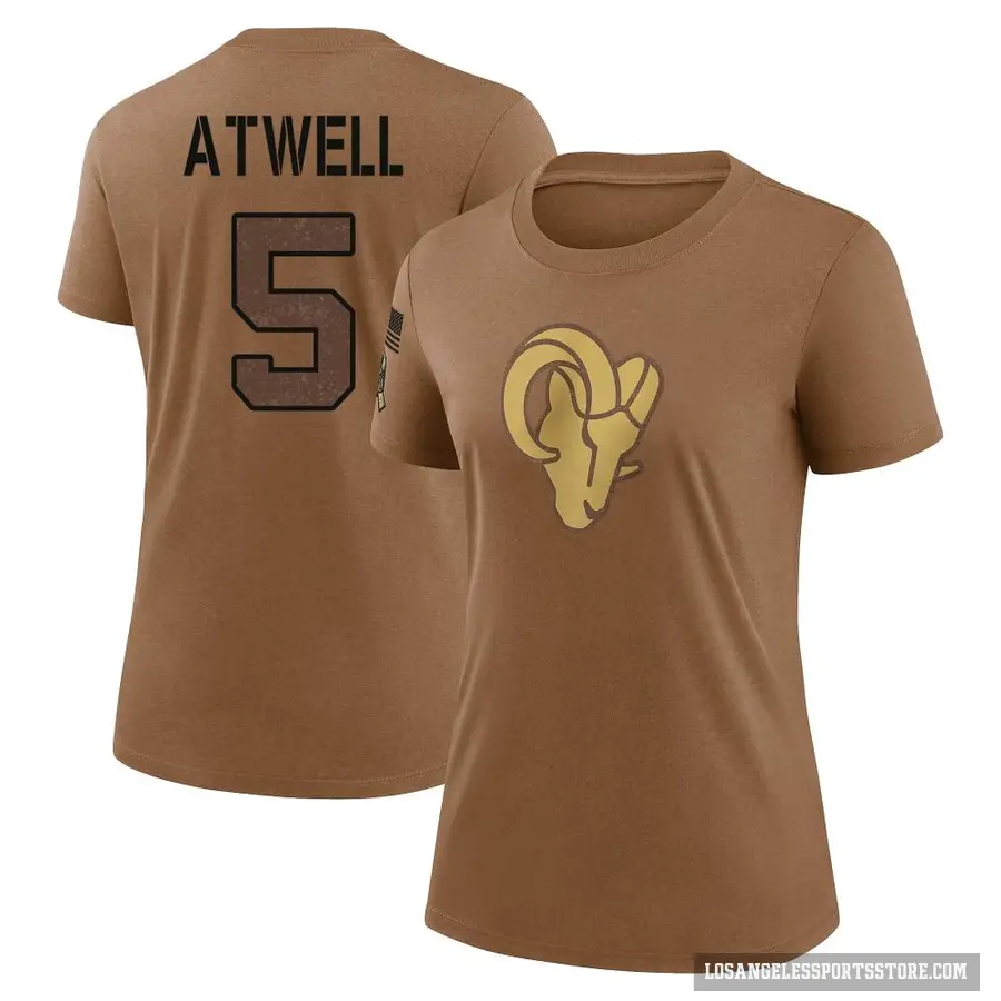 Women's ＃5 Tutu Atwell Los Angeles Rams Brown 2023 Salute To Service Performance T-Shirt