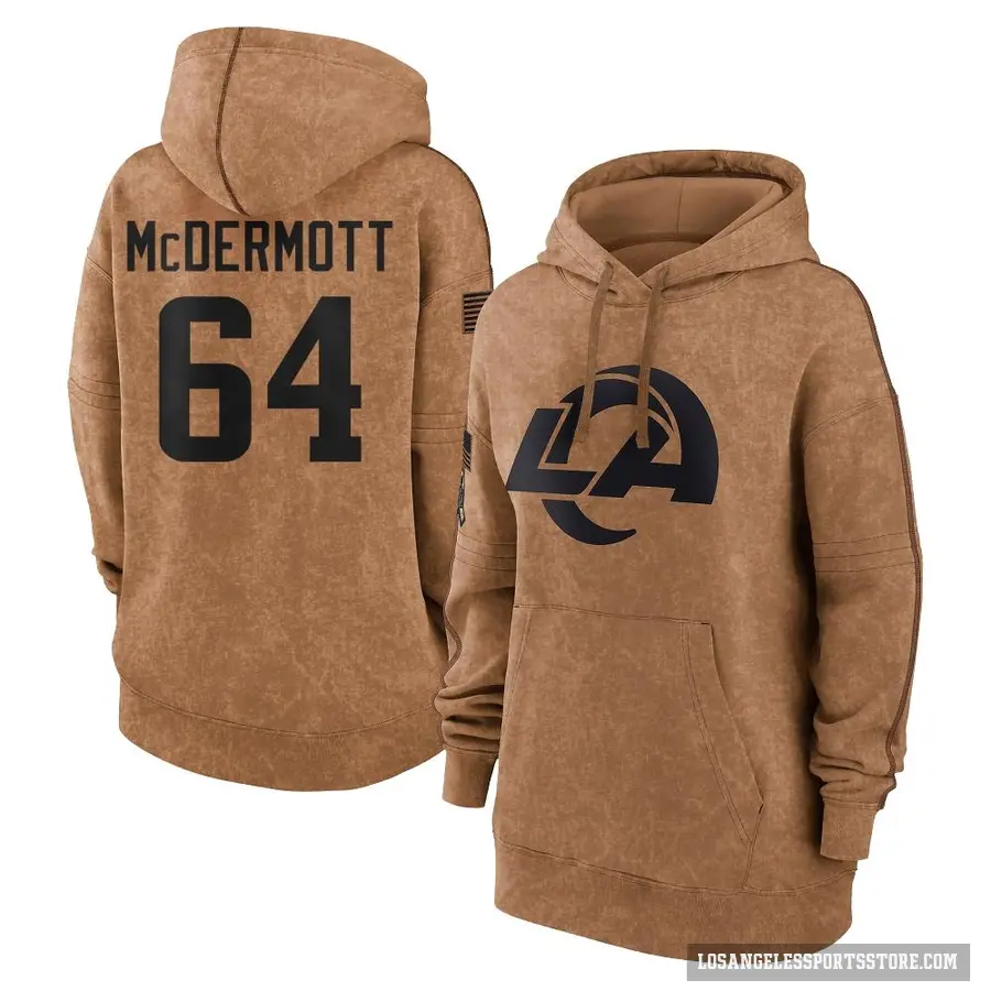 Women's ＃64 Conor McDermott Los Angeles Rams Brown 2023 Salute To Service Pullover Hoodie