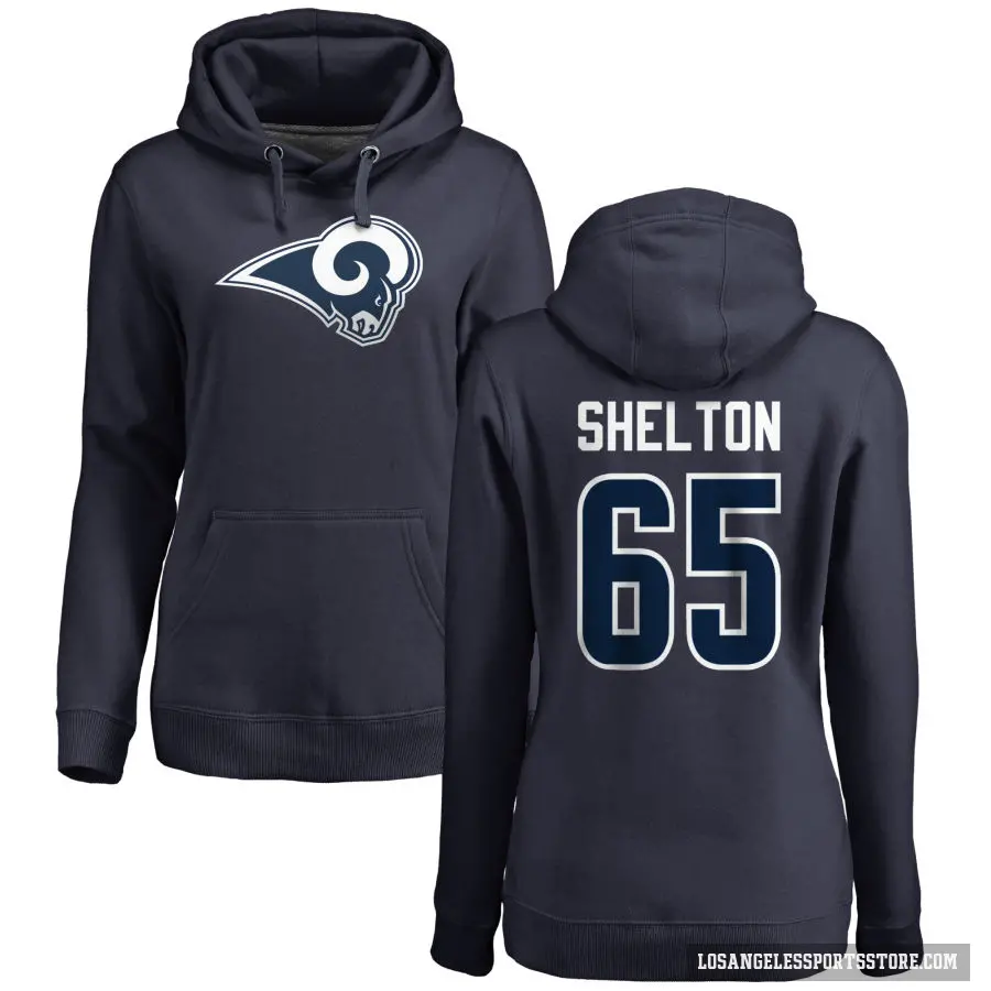Women's ＃65 Coleman Shelton Los Angeles Rams Navy Pro Line Name & Number Logo Pullover Hoodie