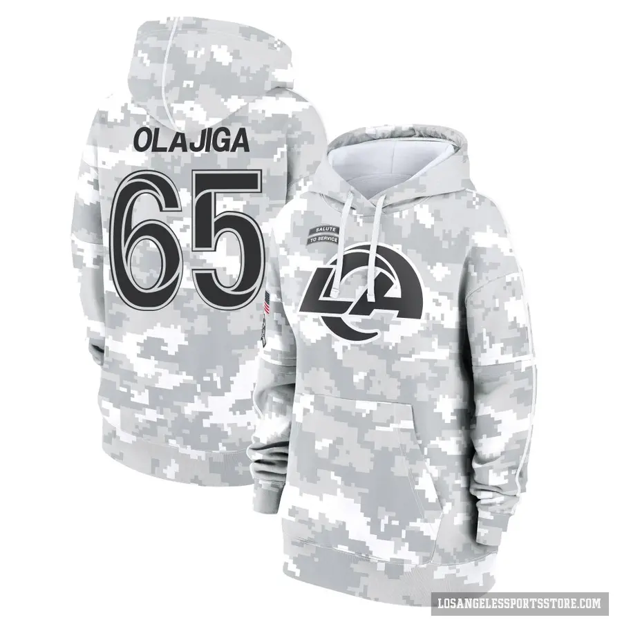 Women's ＃65 David Olajiga Los Angeles Rams Arctic Camo 2024 Salute to Service Club Fleece Pullover Hoodie