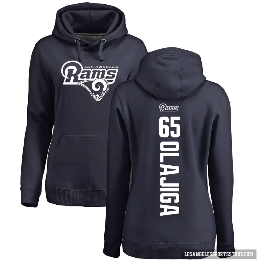 Women's ＃65 David Olajiga Los Angeles Rams Navy Pro Line Backer Pullover Hoodie
