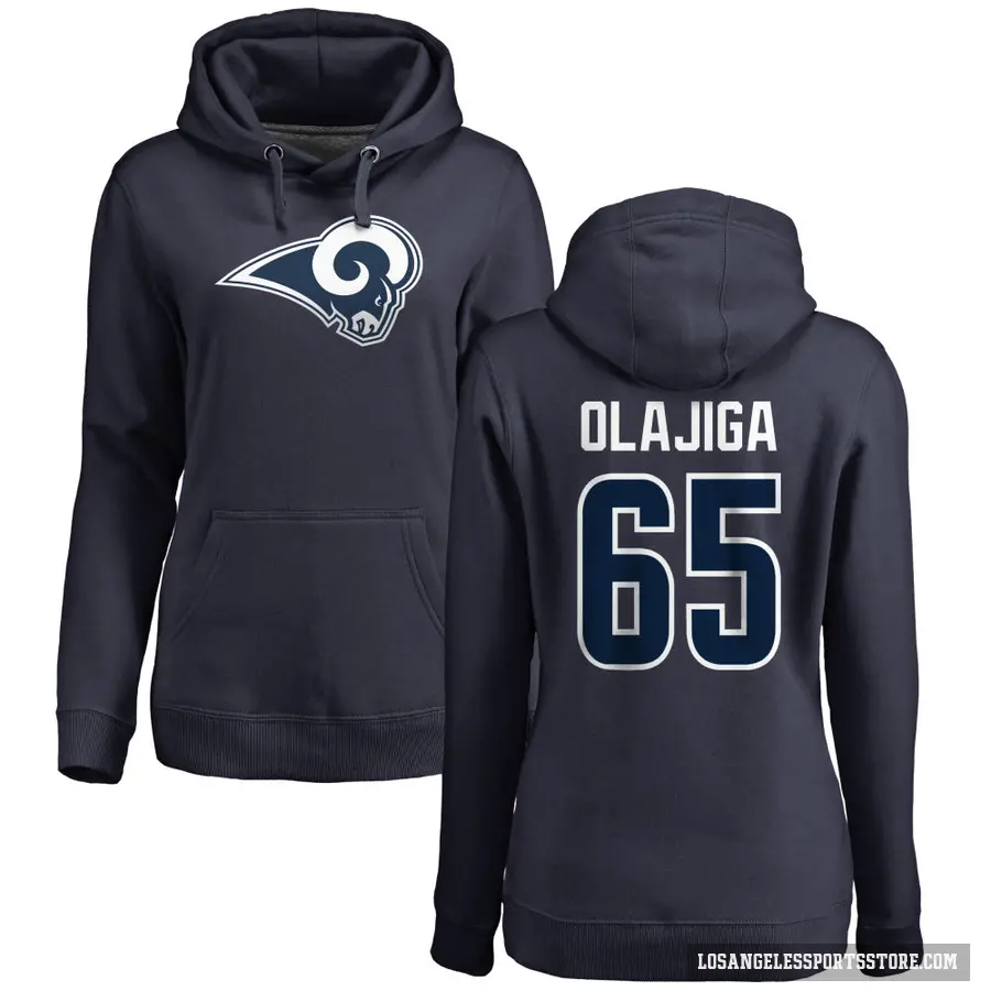 Women's ＃65 David Olajiga Los Angeles Rams Navy Pro Line Name & Number Logo Pullover Hoodie
