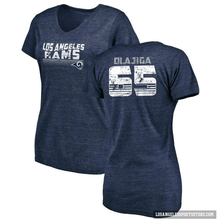 Women's ＃65 David Olajiga Los Angeles Rams Navy Retro V-Neck T-Shirt