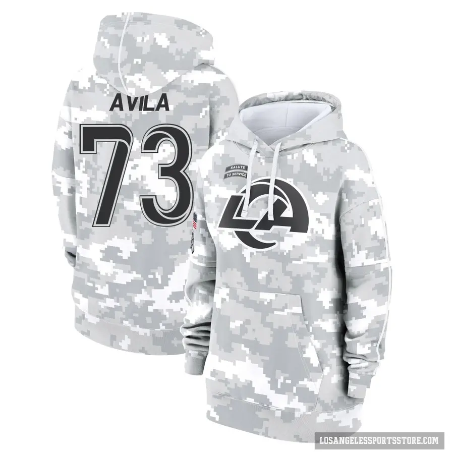 Women's ＃73 Steve Avila Los Angeles Rams Arctic Camo 2024 Salute to Service Club Fleece Pullover Hoodie