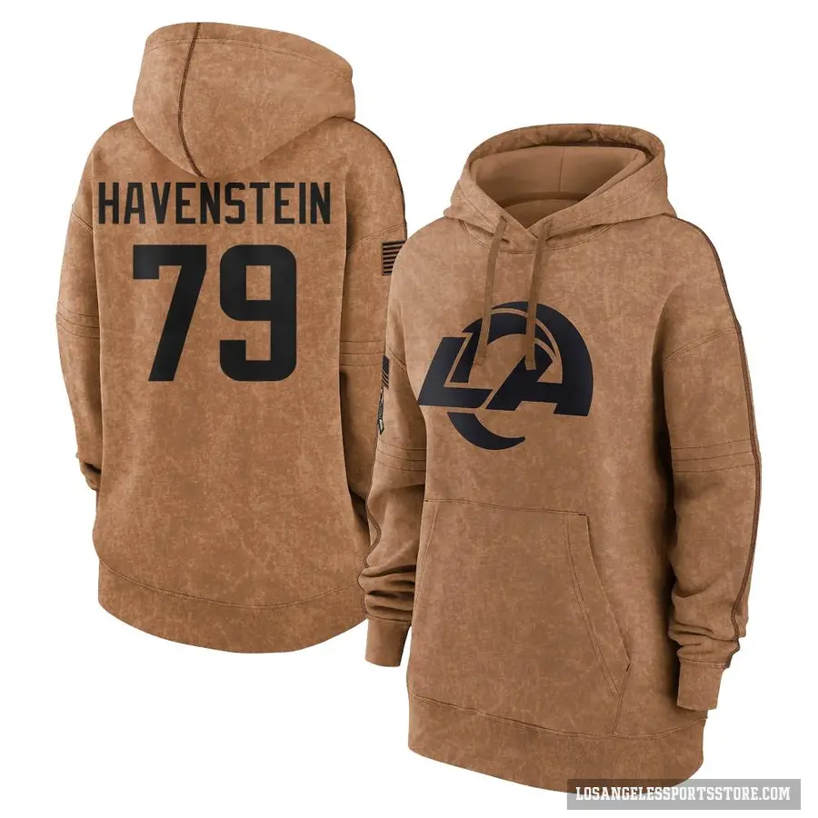 Women's ＃79 Rob Havenstein Los Angeles Rams Brown 2023 Salute To Service Pullover Hoodie