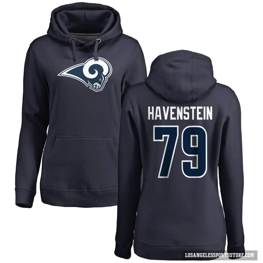 Women's ＃79 Rob Havenstein Los Angeles Rams Navy Pro Line Name & Number Logo Pullover Hoodie