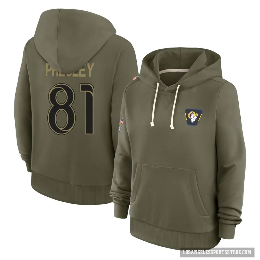 Women's ＃81 Brennan Presley Los Angeles Rams Olive 2025 Salute to Service Hoodie