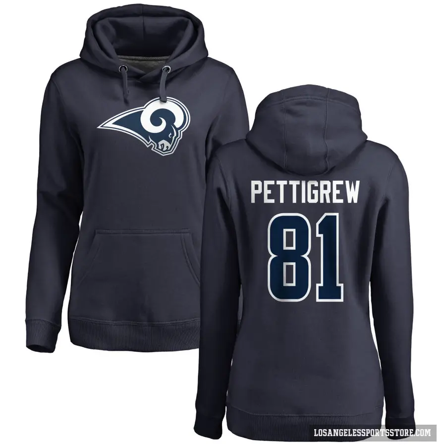 Women's ＃81 Jamal Pettigrew Los Angeles Rams Navy Pro Line Name & Number Logo Pullover Hoodie