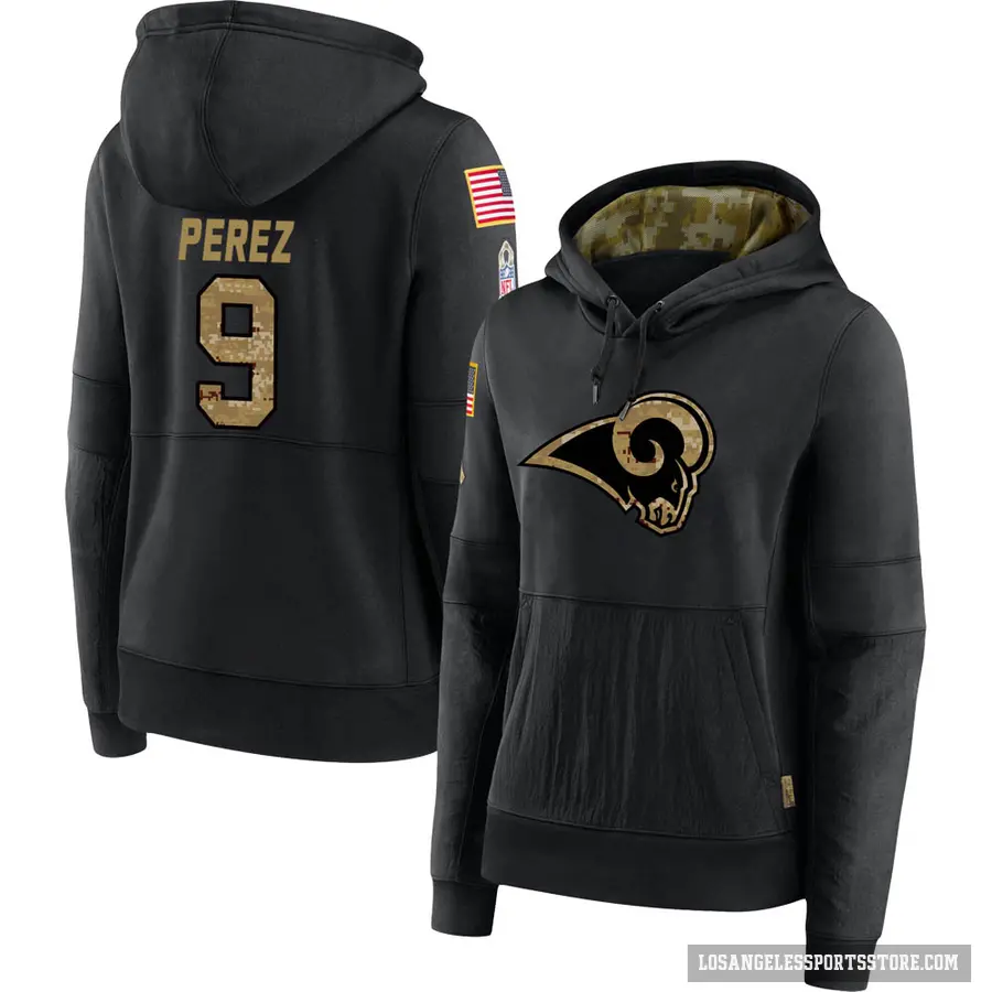 Women's ＃9 Luis Perez Los Angeles Rams Black 2020 Salute to Service Sideline Performance Pullover Hoodie