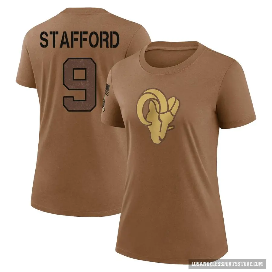 Women's ＃9 Matthew Stafford Los Angeles Rams Brown 2023 Salute To Service Performance T-Shirt