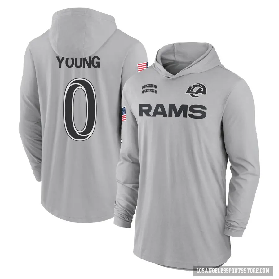 Youth ＃0 Byron Young Los Angeles Rams Gray 2024 Salute to Service Lightweight Performance Long Sleeve Hooded T-Shirt