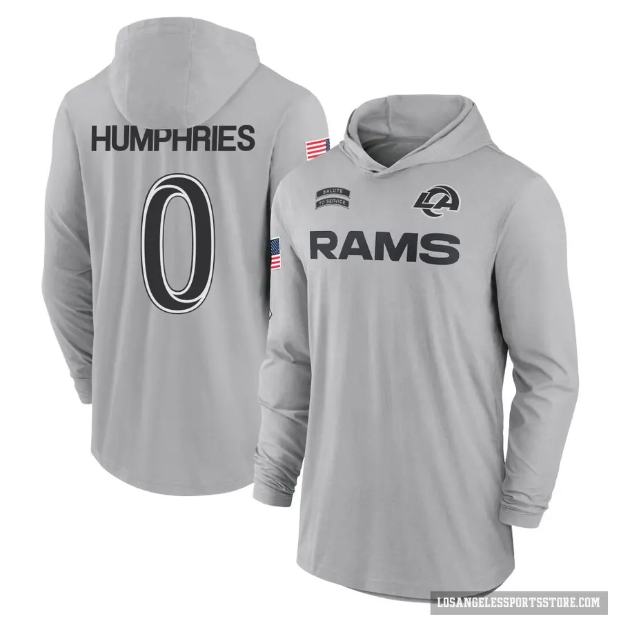 Youth ＃0 D.J. Humphries Los Angeles Rams Gray 2024 Salute to Service Lightweight Performance Long Sleeve Hooded T-Shirt