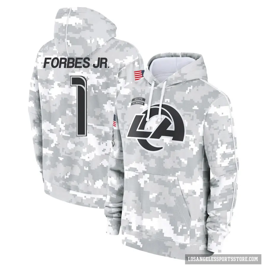 Youth ＃1 Emmanuel Forbes Jr. Los Angeles Rams Arctic Camo 2024 Salute to Service Club Fleece Pullover Hoodie