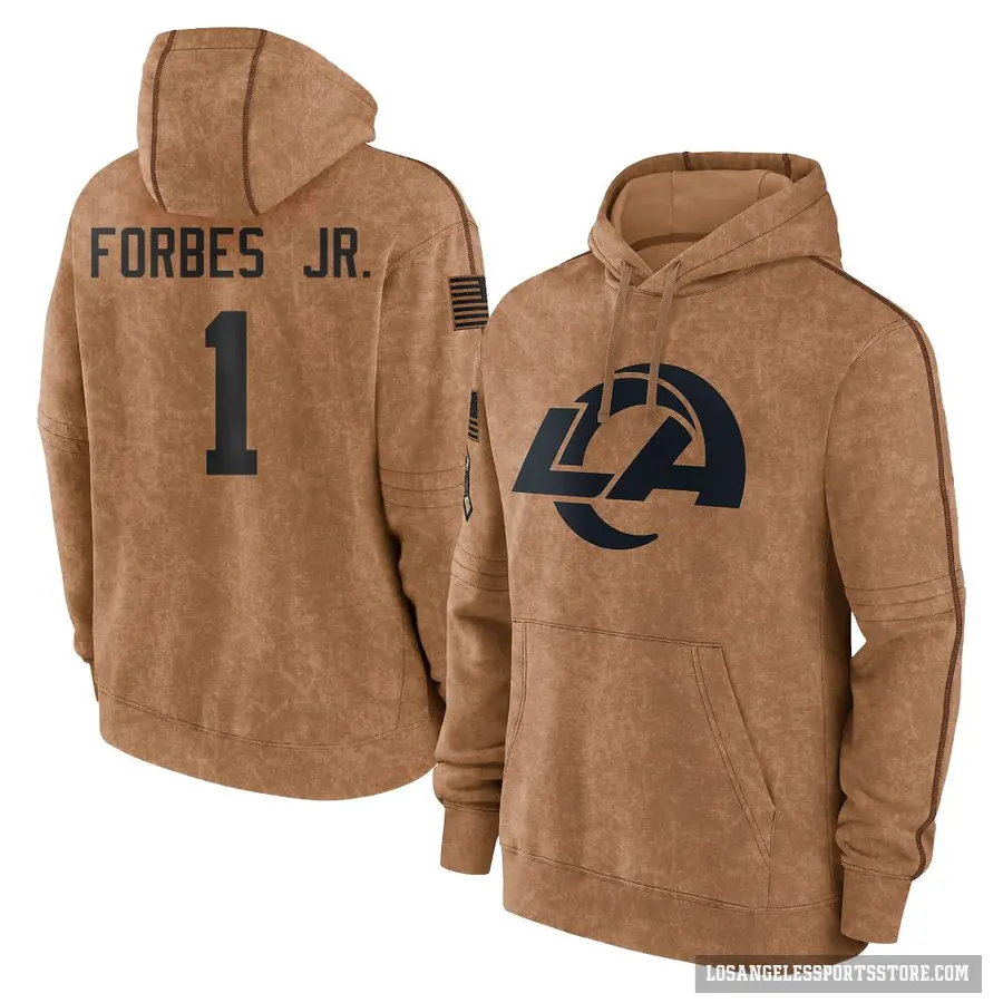 Youth ＃1 Emmanuel Forbes Jr. Los Angeles Rams Brown 2023 Salute To Service Club Pullover Hoodie