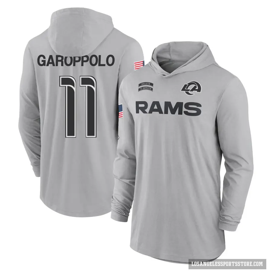 Youth ＃11 Jimmy Garoppolo Los Angeles Rams Gray 2024 Salute to Service Lightweight Performance Long Sleeve Hooded T-Shirt