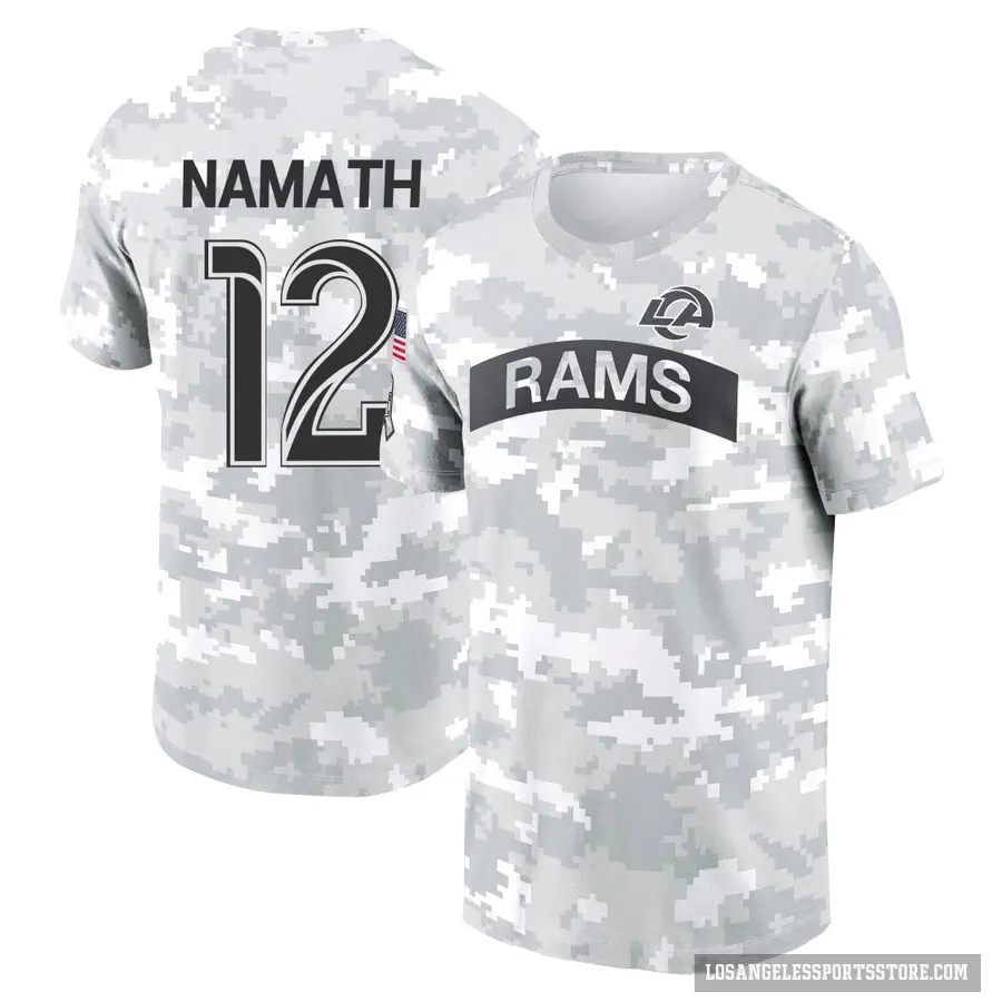 Youth ＃12 Joe Namath Los Angeles Rams Camo Arctic 2024 Salute to Service Performance T-Shirt