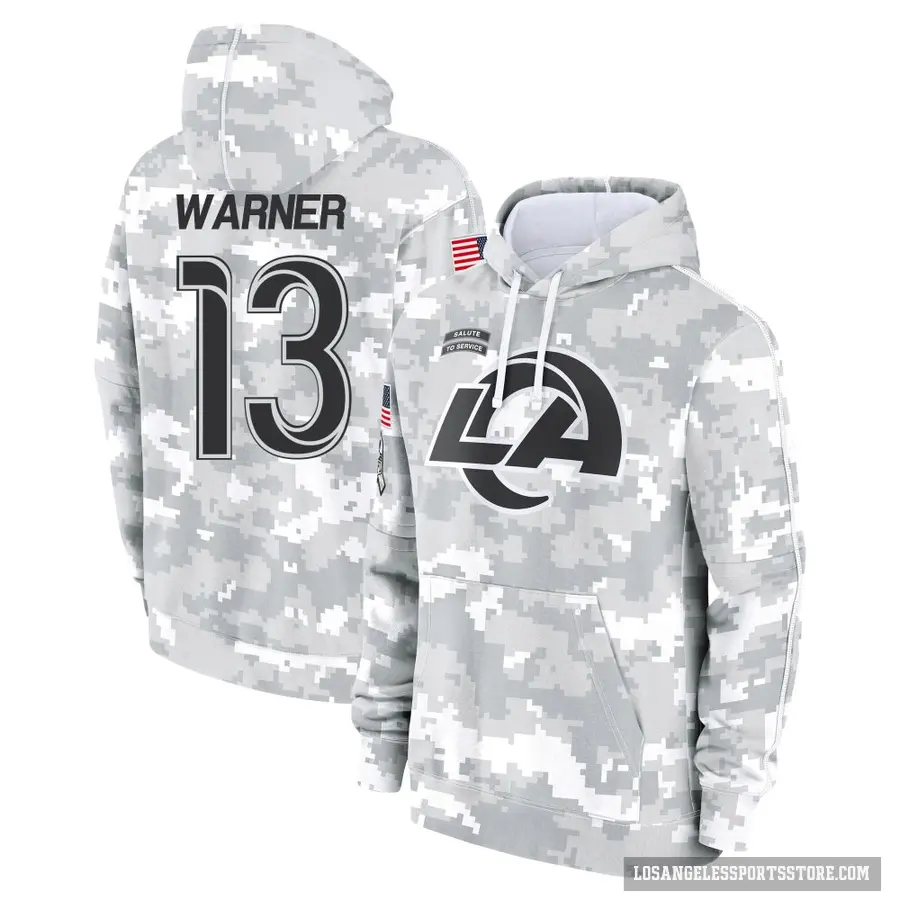 Youth ＃13 Kurt Warner Los Angeles Rams Arctic Camo 2024 Salute to Service Club Fleece Pullover Hoodie