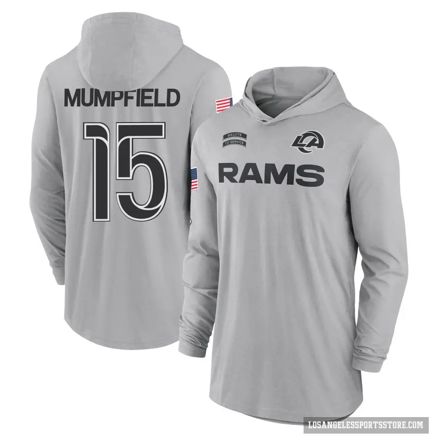 Youth ＃15 Konata Mumpfield Los Angeles Rams Gray 2024 Salute to Service Lightweight Performance Long Sleeve Hooded T-Shirt