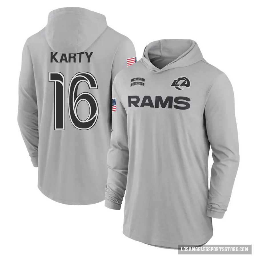 Youth ＃16 Joshua Karty Los Angeles Rams Gray 2024 Salute to Service Lightweight Performance Long Sleeve Hooded T-Shirt