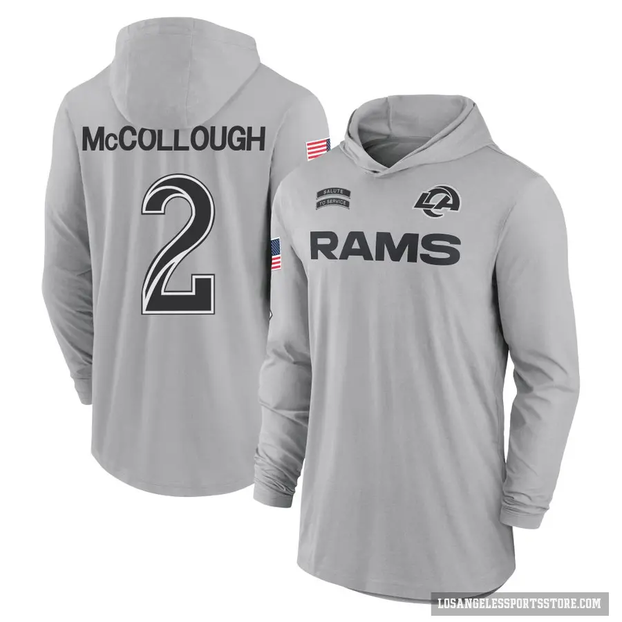 Youth ＃2 Jaylen McCollough Los Angeles Rams Gray 2024 Salute to Service Lightweight Performance Long Sleeve Hooded T-Shirt