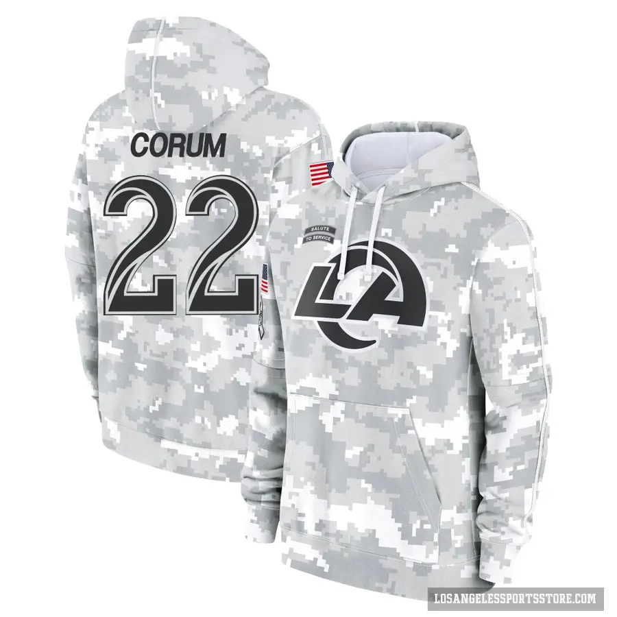 Youth ＃22 Blake Corum Los Angeles Rams Arctic Camo 2024 Salute to Service Club Fleece Pullover Hoodie