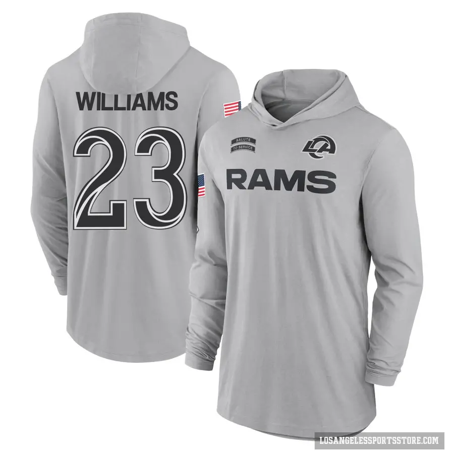 Youth ＃23 Kyren Williams Los Angeles Rams Gray 2024 Salute to Service Lightweight Performance Long Sleeve Hooded T-Shirt