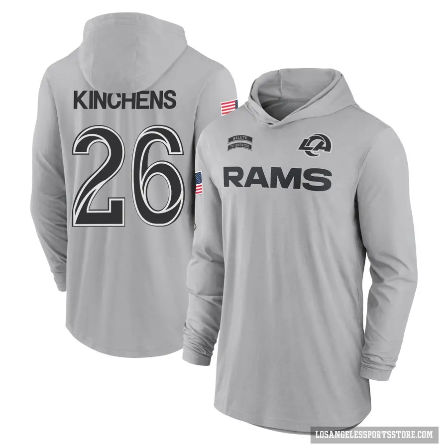 Youth ＃26 Kamren Kinchens Los Angeles Rams Gray 2024 Salute to Service Lightweight Performance Long Sleeve Hooded T-Shirt