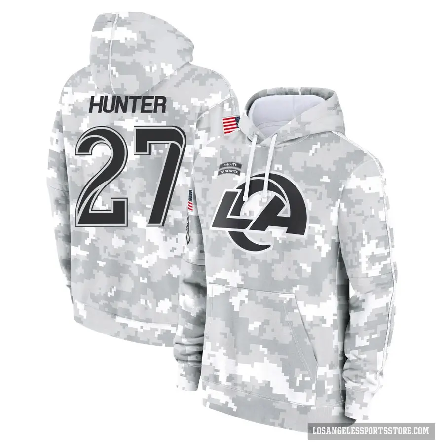 Youth ＃27 Jarquez Hunter Los Angeles Rams Arctic Camo 2024 Salute to Service Club Fleece Pullover Hoodie