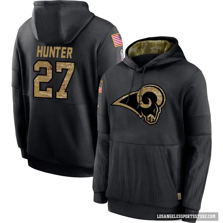 Youth ＃27 Jarquez Hunter Los Angeles Rams Black 2020 Salute to Service Sideline Performance Pullover Hoodie