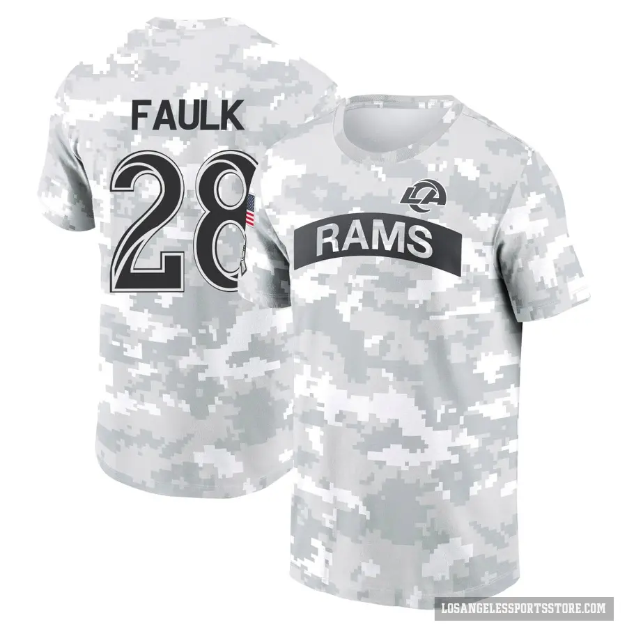 Youth ＃28 Marshall Faulk Los Angeles Rams Camo Arctic 2024 Salute to Service Performance T-Shirt