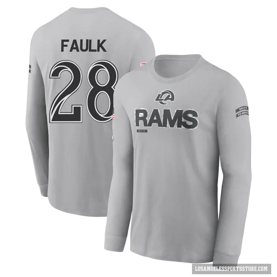 Youth ＃28 Marshall Faulk Los Angeles Rams Gray 2024 Salute to Service Long Sleeve T-Shirt