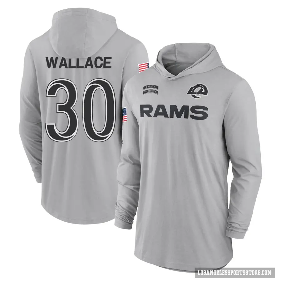 Youth ＃30 Josh Wallace Los Angeles Rams Gray 2024 Salute to Service Lightweight Performance Long Sleeve Hooded T-Shirt
