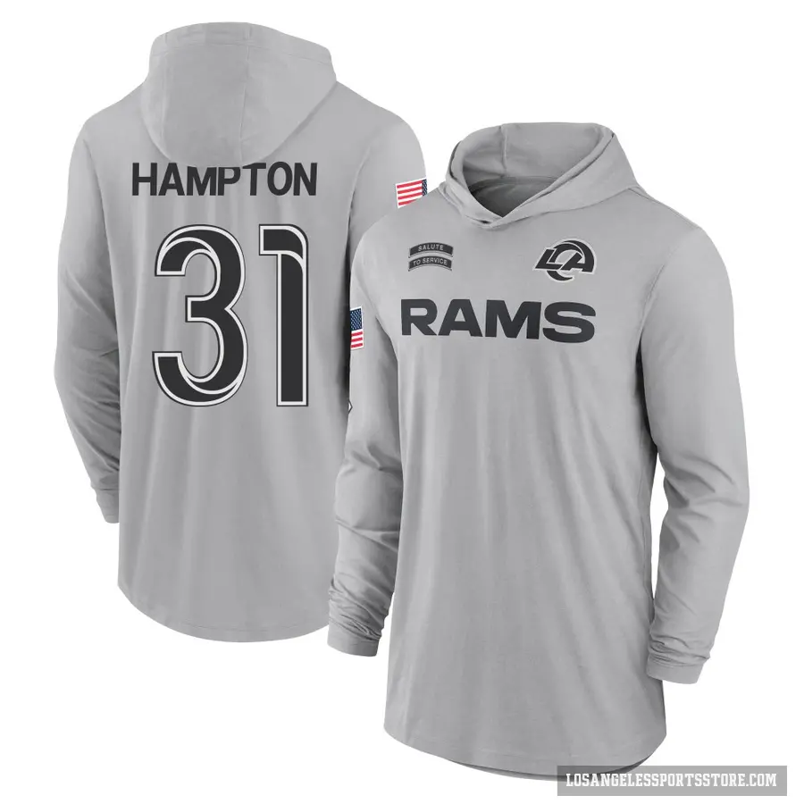 Youth ＃31 Nick Hampton Los Angeles Rams Gray 2024 Salute to Service Lightweight Performance Long Sleeve Hooded T-Shirt