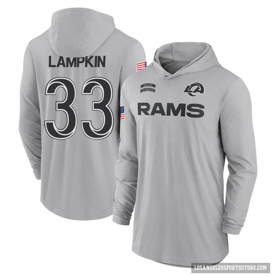 Youth ＃33 Cam Lampkin Los Angeles Rams Gray 2024 Salute to Service Lightweight Performance Long Sleeve Hooded T-Shirt