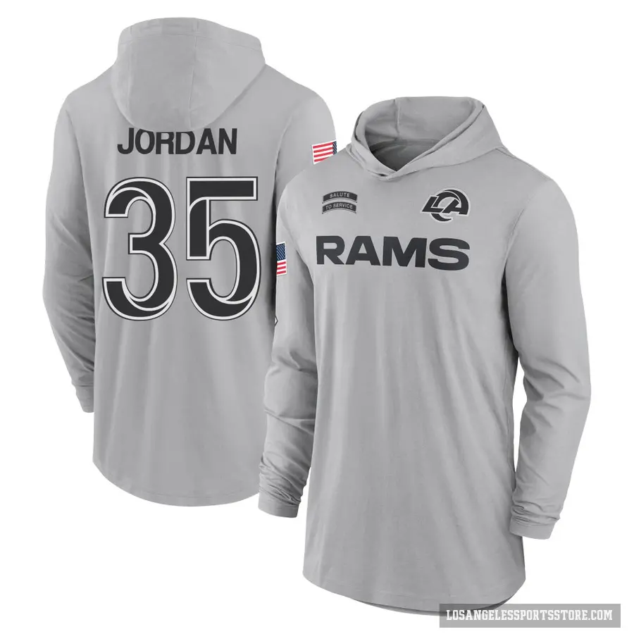 Youth ＃35 Michael Jordan Los Angeles Rams Gray 2024 Salute to Service Lightweight Performance Long Sleeve Hooded T-Shirt