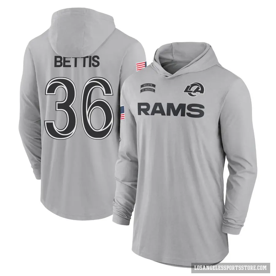 Youth ＃36 Jerome Bettis Los Angeles Rams Gray 2024 Salute to Service Lightweight Performance Long Sleeve Hooded T-Shirt
