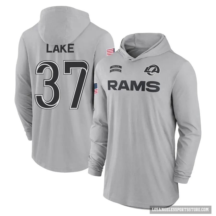 Youth ＃37 Quentin Lake Los Angeles Rams Gray 2024 Salute to Service Lightweight Performance Long Sleeve Hooded T-Shirt