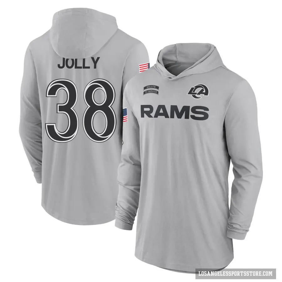 Youth ＃38 Shaun Jolly Los Angeles Rams Gray 2024 Salute to Service Lightweight Performance Long Sleeve Hooded T-Shirt