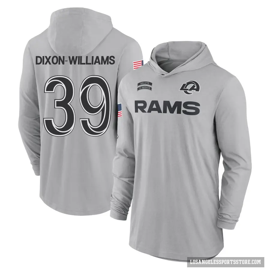 Youth ＃39 Malik Dixon-Williams Los Angeles Rams Gray 2024 Salute to Service Lightweight Performance Long Sleeve Hooded T-Shirt