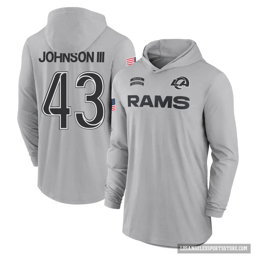 Youth ＃43 John Johnson III Los Angeles Rams Gray 2024 Salute to Service Lightweight Performance Long Sleeve Hooded T-Shirt