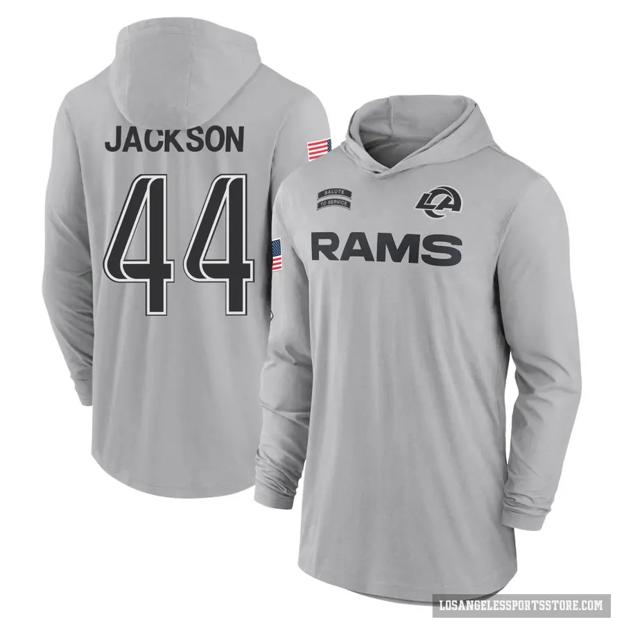 Youth ＃44 Brennan Jackson Los Angeles Rams Gray 2024 Salute to Service Lightweight Performance Long Sleeve Hooded T-Shirt