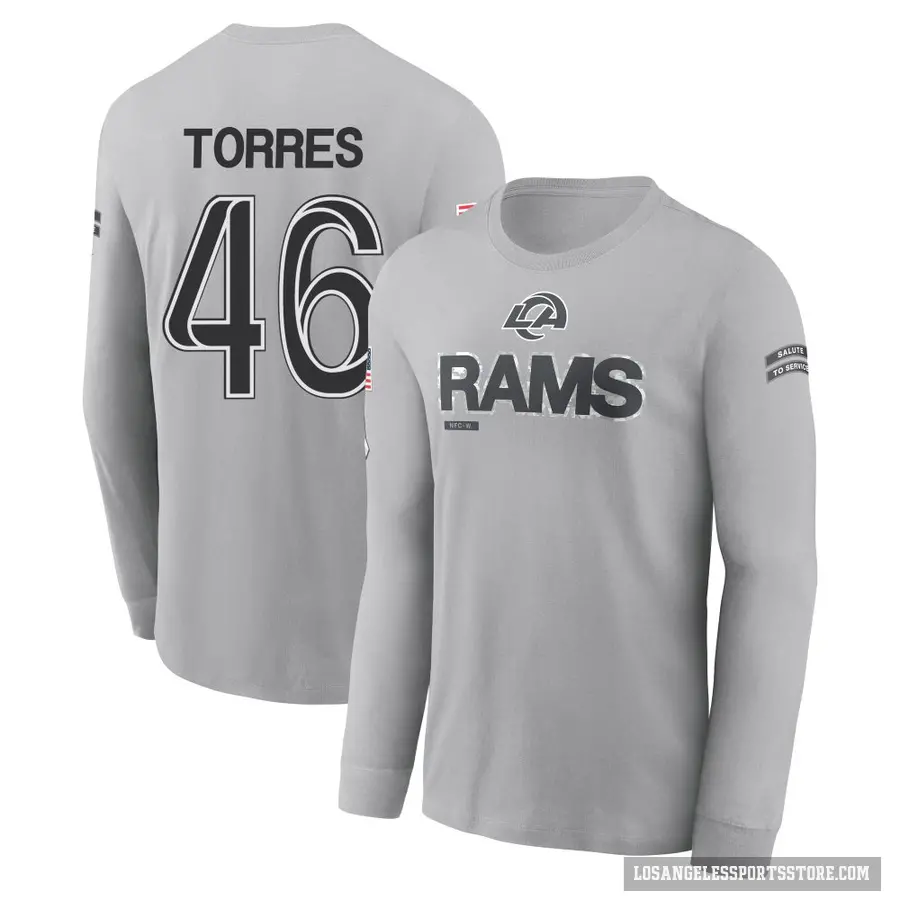 Youth ＃46 Anthony Torres Los Angeles Rams Gray 2024 Salute to Service Long Sleeve T-Shirt