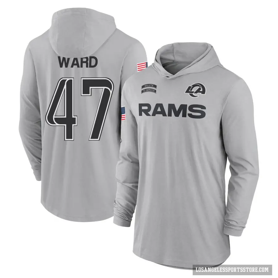 Youth ＃47 Alex Ward Los Angeles Rams Gray 2024 Salute to Service Lightweight Performance Long Sleeve Hooded T-Shirt