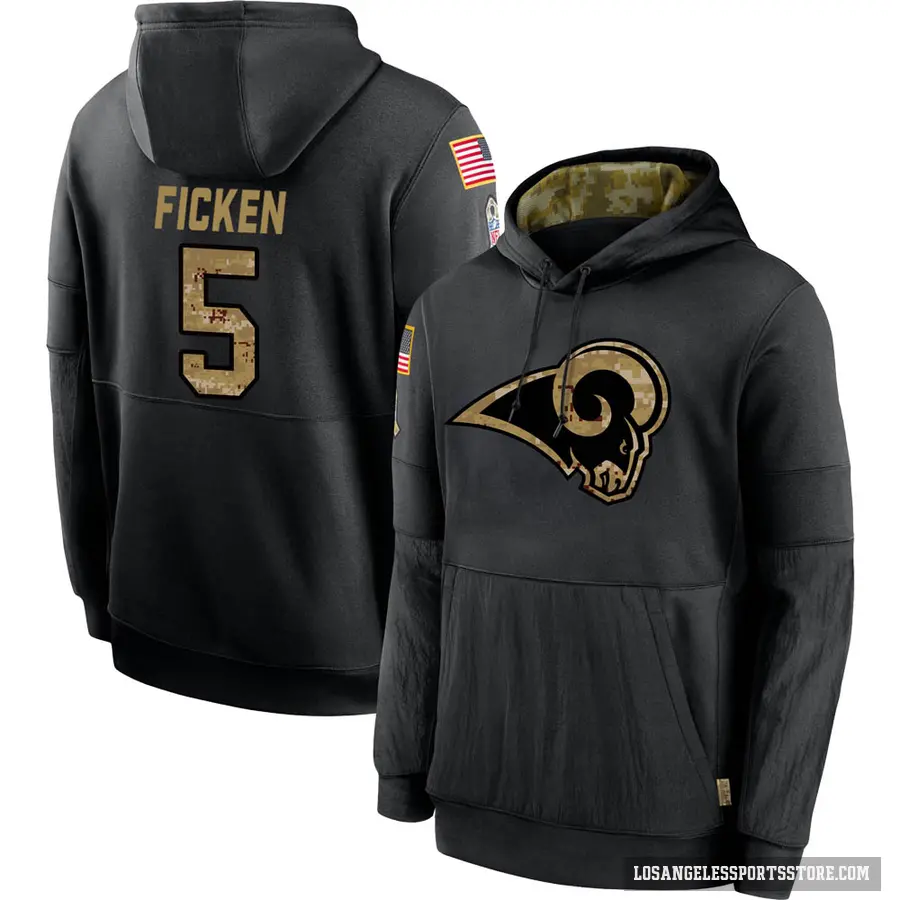 Youth ＃5 Sam Ficken Los Angeles Rams Black 2020 Salute to Service Sideline Performance Pullover Hoodie