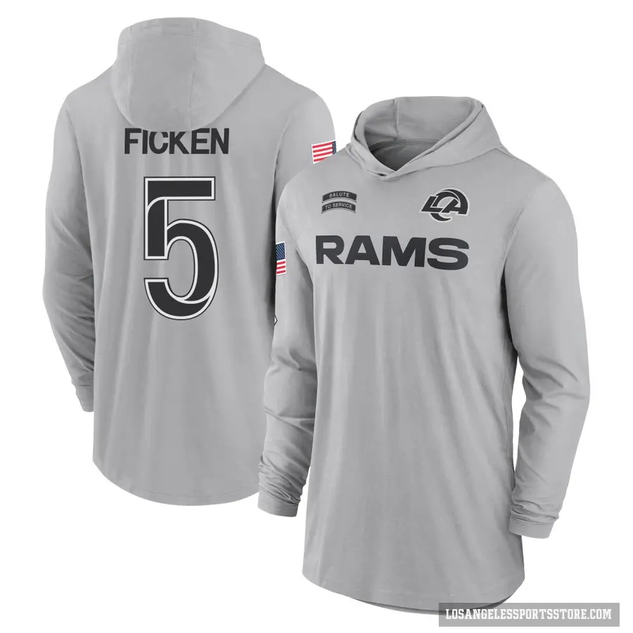 Youth ＃5 Sam Ficken Los Angeles Rams Gray 2024 Salute to Service Lightweight Performance Long Sleeve Hooded T-Shirt