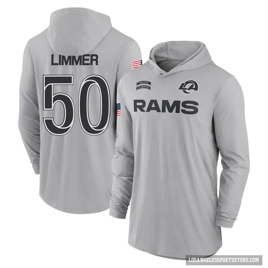 Youth ＃50 Beaux Limmer Los Angeles Rams Gray 2024 Salute to Service Lightweight Performance Long Sleeve Hooded T-Shirt