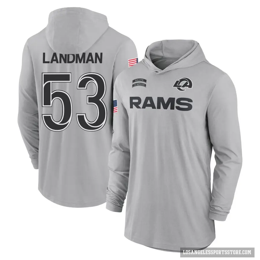 Youth ＃53 Nate Landman Los Angeles Rams Gray 2024 Salute to Service Lightweight Performance Long Sleeve Hooded T-Shirt