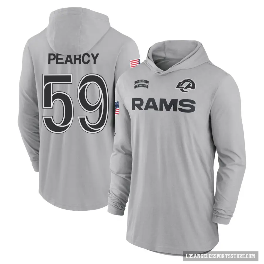 Youth ＃59 Josh Pearcy Los Angeles Rams Gray 2024 Salute to Service Lightweight Performance Long Sleeve Hooded T-Shirt