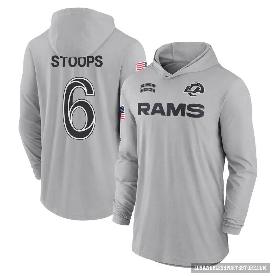 Youth ＃6 Drake Stoops Los Angeles Rams Gray 2024 Salute to Service Lightweight Performance Long Sleeve Hooded T-Shirt