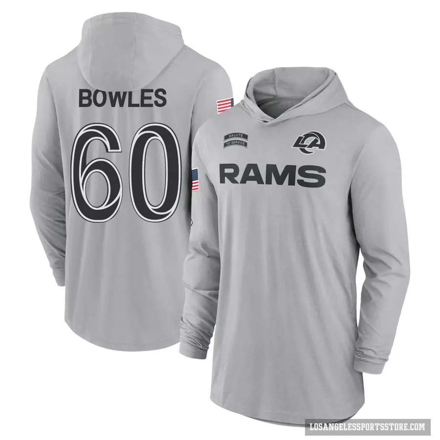 Youth ＃60 Wyatt Bowles Los Angeles Rams Gray 2024 Salute to Service Lightweight Performance Long Sleeve Hooded T-Shirt